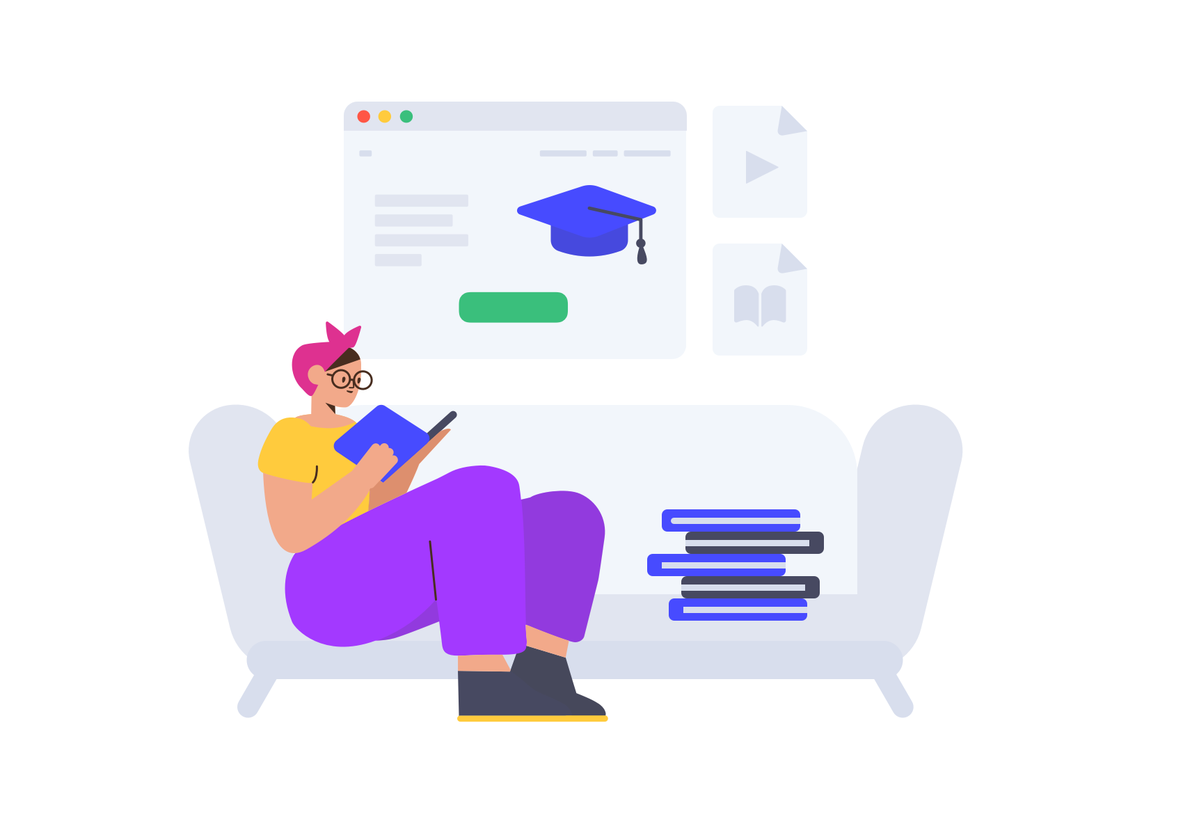 illustration of a woman studying online