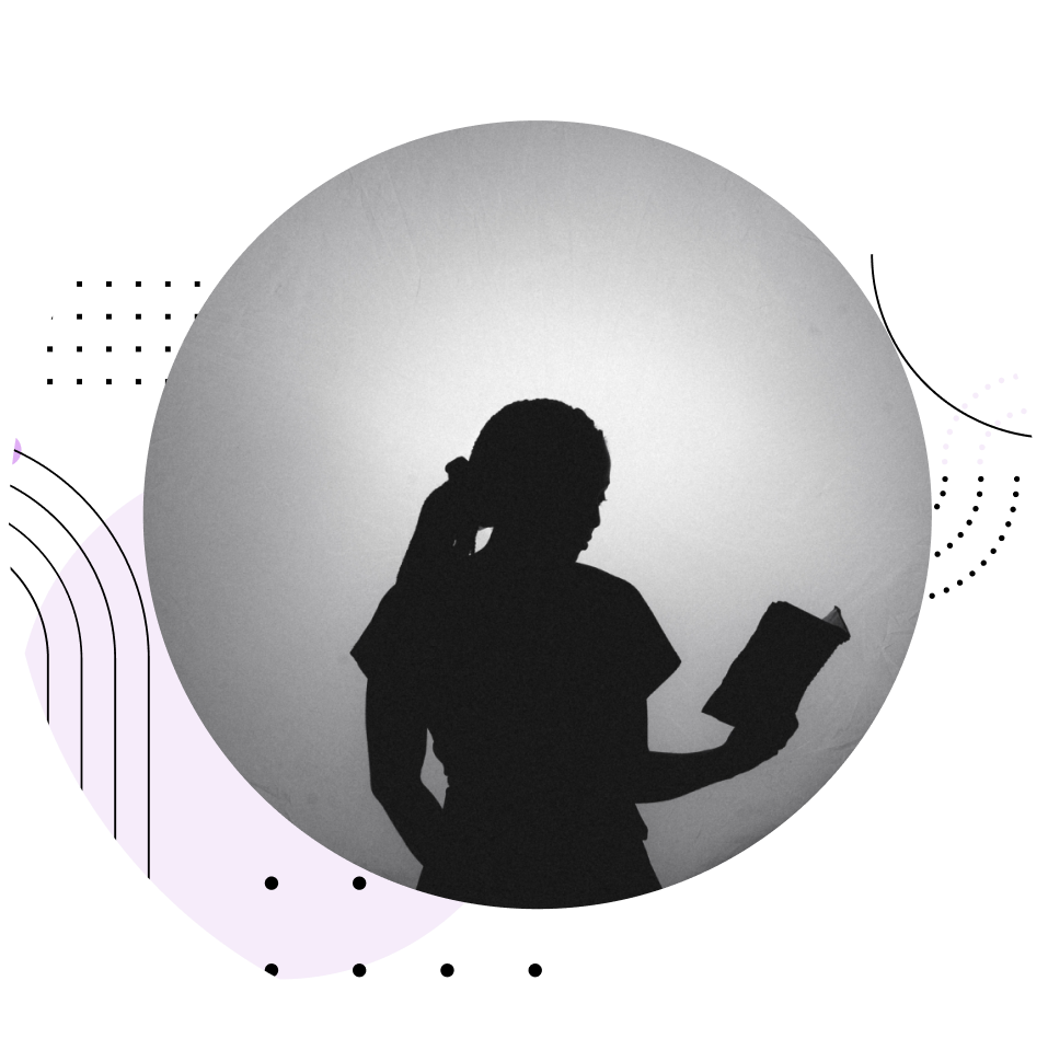 a silhouette of funmilayo reading a book