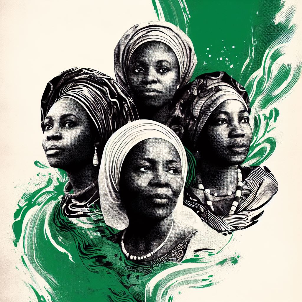 An AI generated image of female Nigerian Historical figures superimposed over an abstract background of Nigeria's flag.