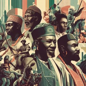 An AI generated image of Nigerian Historical figures superimposed over an abstract background of Nigeria's flag.